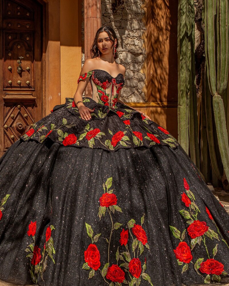 Quinceanera dress with black fabric and red rose embroidery